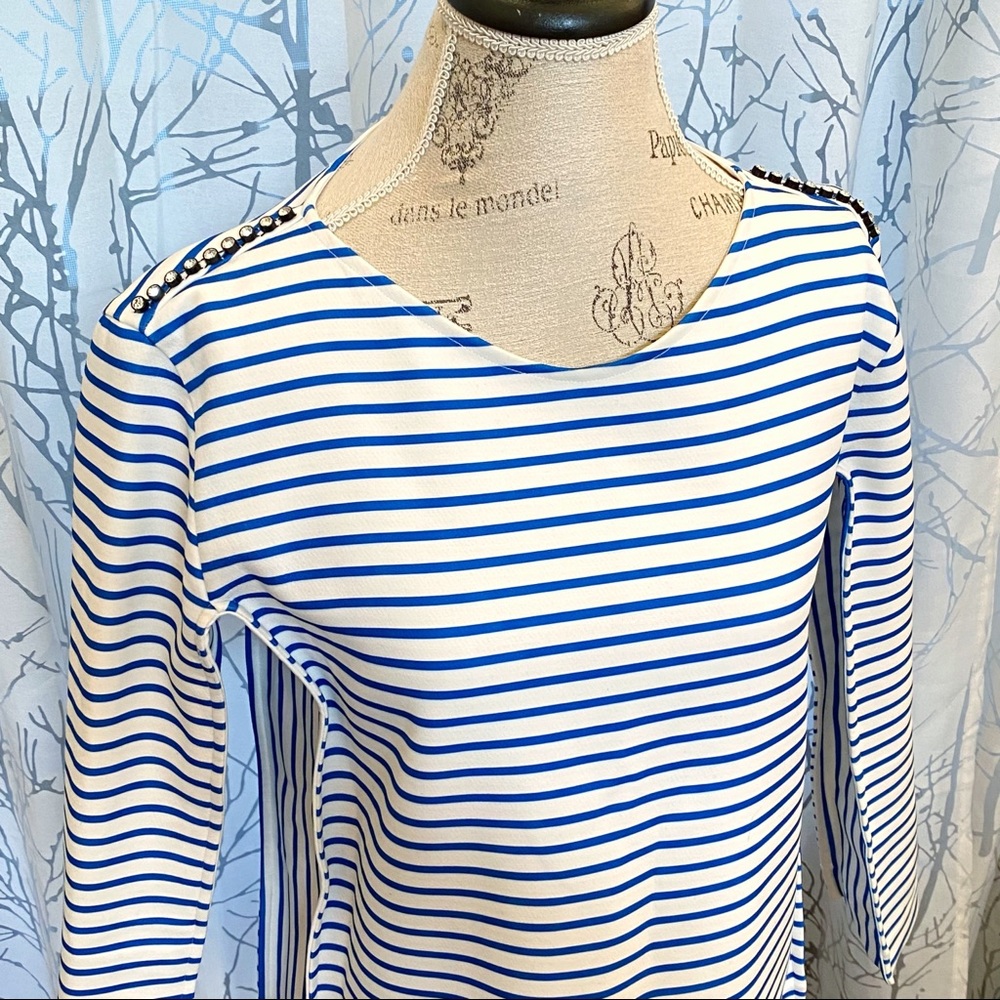 Maje white blue stripe rhinestone row shoulder detail long sleeve sweater top - Picture 2 of 14